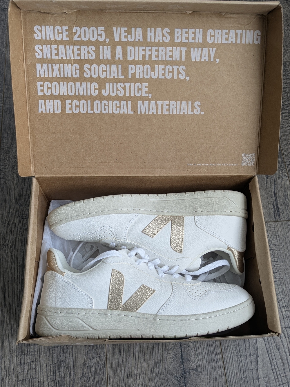 Veja V-10 Leather Sneakers in White with Gold/Beige Accents - Picture 5 of 6